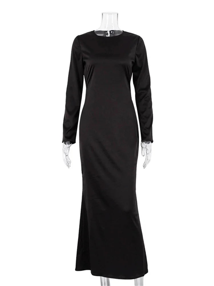 Hollow Out Satin Maxi Dress Female High Waist Slim Scoop Neck Long Sleeve Dress Zipper Party Dress Summer
