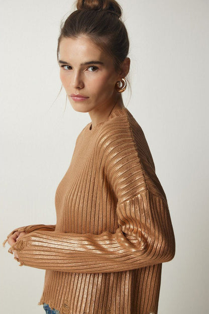 Simple Silver Foil Loose Slim Long Sleeve Sweater