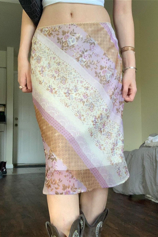 Mesh Spliced Print A-line Maxi Skirt