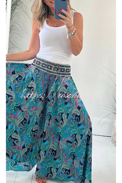 Paisley Print Elastic Patchwork Waist Pocketed Lightweight Pants