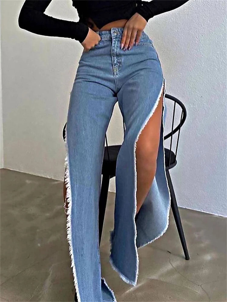 High Waisted Side Split Out Jeans Loose Cargo Black Pants Summer Wide Leg Long Baggy Y2k Jeans