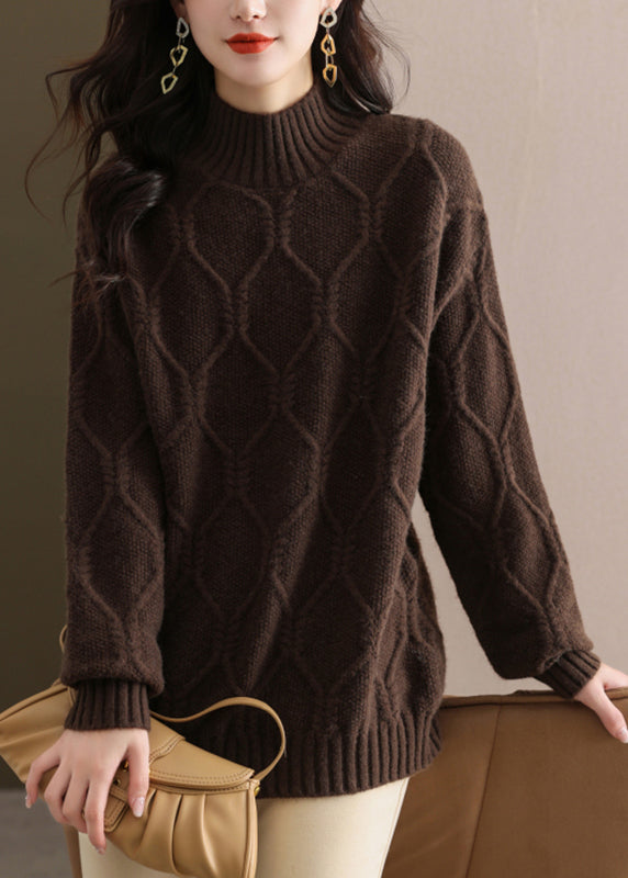Coffee Turtleneck Cotton Knit Sweaters Winter Wd040