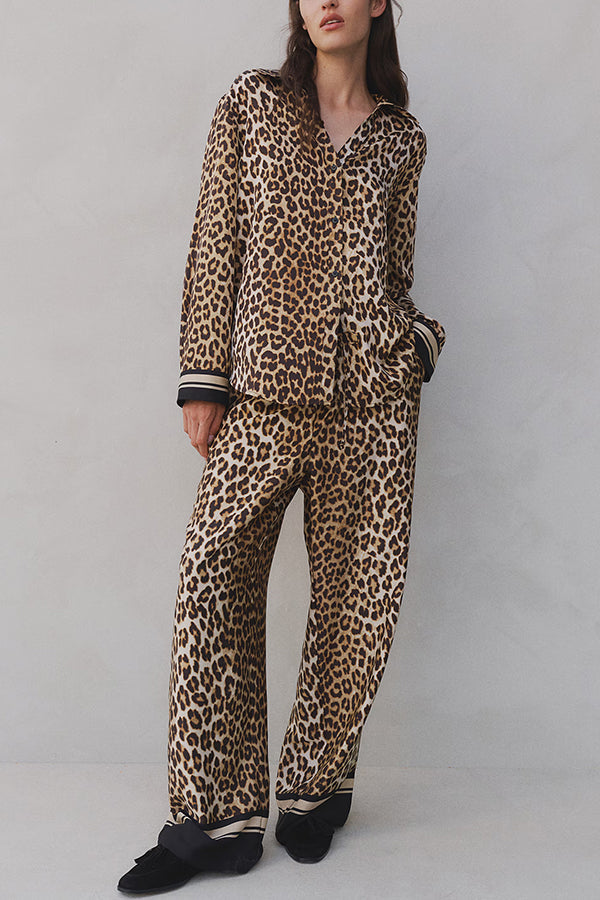 Unique Print Lapel Long Sleeve Loose Shirt and Elastic Waist Pocket Wide Leg Pants Set