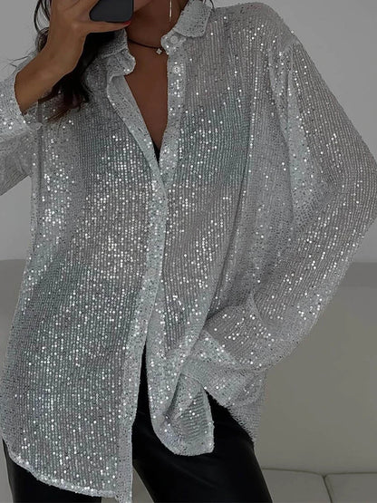 Sequin Loose Shirts Female Lapel Cardigan Summer Clothes New Outwear Glitter Party Blouse ’s