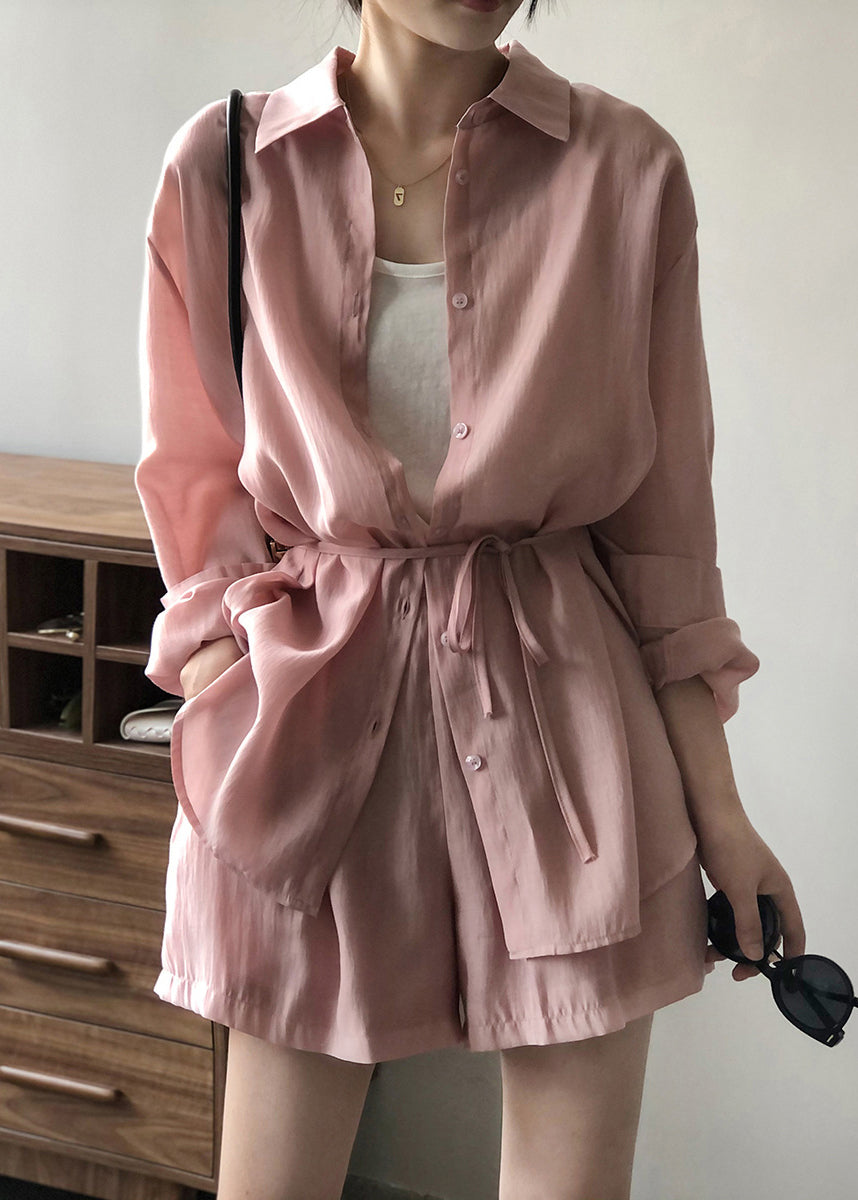Pieces Shorts Up Lace Two Set Shirts Silk Pockets Pink and Loose
