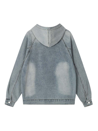 Distressed Denim Embroidered Hooded Sweatshirt