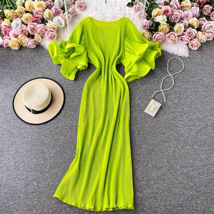 Round Neck Purple Ruffled Sleeve Maxi Dress