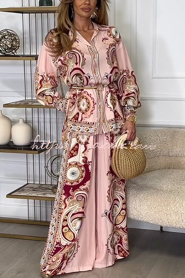Unique Print Lapel Long Sleeve Tie Waist Shirt and Elastic Waist Pocket Wide Leg Pants Set