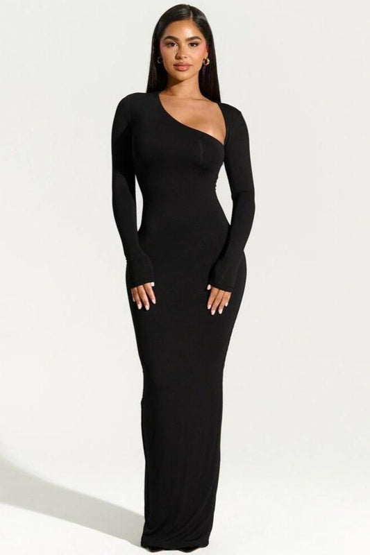 Eclipse Elegance - One-shoulder Slim-fit Maxi Dress