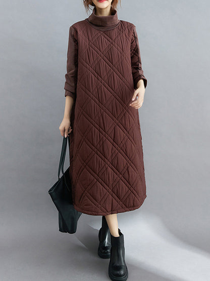 Simple Split-joint High-neck H-line Quilted Midi Dress