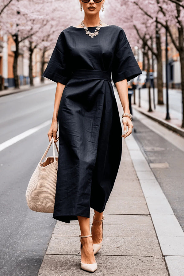 Color Round Neck Half Sleeve Waist Midi Dress