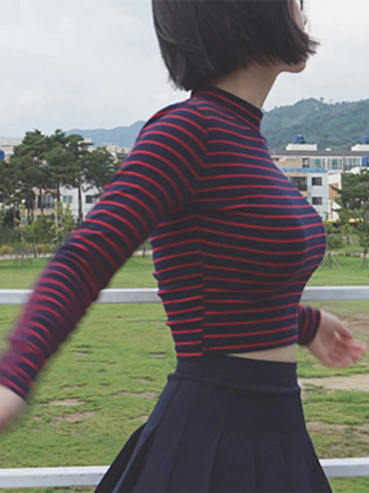 Crop Tops All-match Classic Stripe Slim Short Bustier Crop Top Turtleneck Long Sleeved T-shirt Shirts Tee