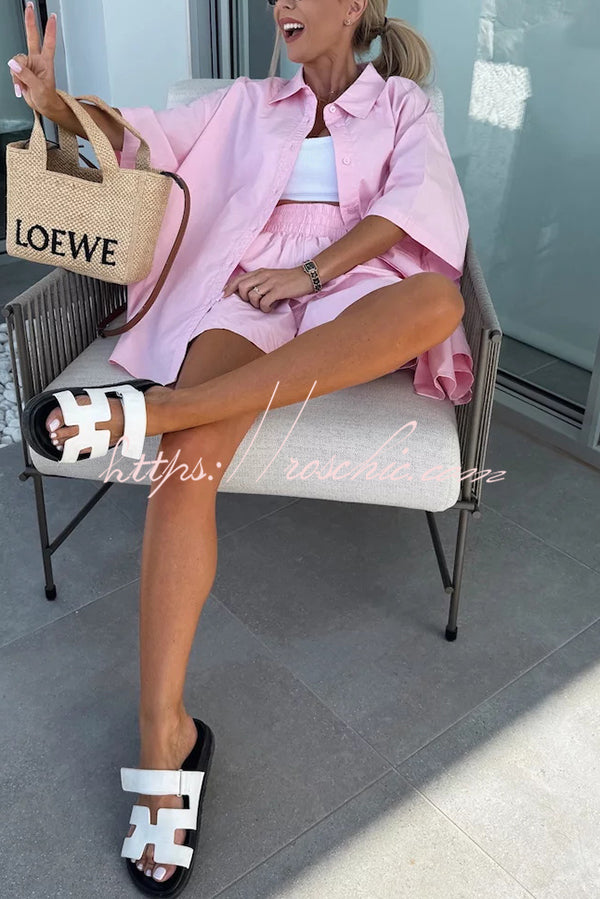 Summer Loose Short-sleeved Shirt and Elastic High Waist Shorts Set