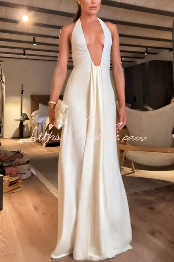 Silhouette Deep U-neck Halter Waterfall Sash Drape Maxi Dress