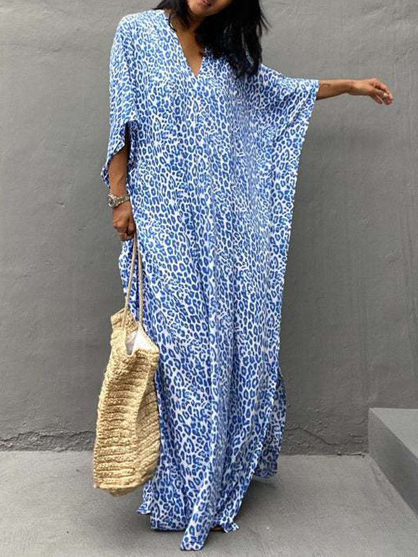 Batwing Sleeves Loose Leopard Split-side Sun Protection V-neck Cover-ups Swimwear Maxi Dresses