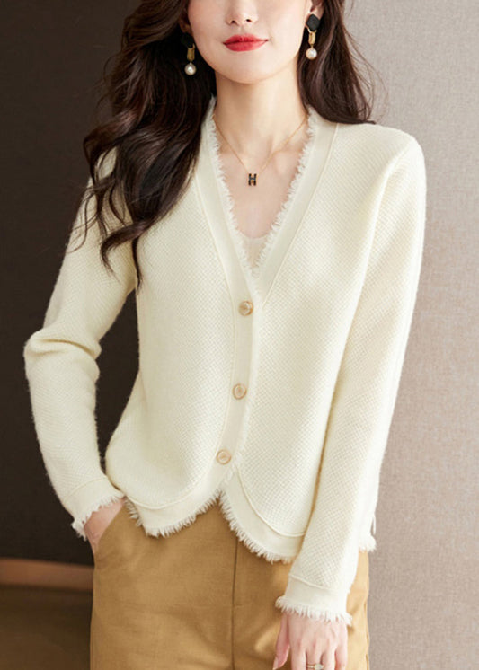 New Beige V Neck Button Wool Knit Cardigan Fall Ry020