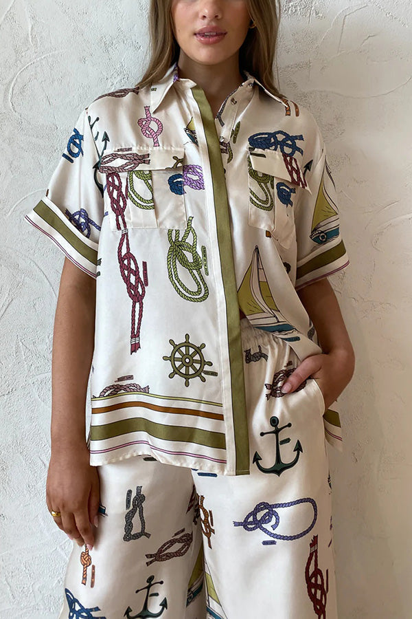 Sail Away Satin Unique Nautical Motifs Print Button Down Pocket Oversized Blouse