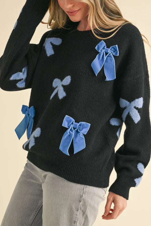 Round Neck Sweet Loose Turtleneck Bow Sweater Knitwear