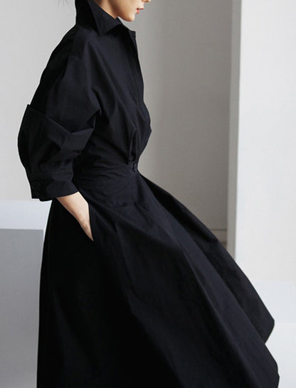 Long Sleeves Loose Pleated Color Split-joint Tied Waist Lapel Midi Dresses Shirt Dress