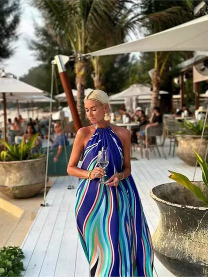 Summer Print Halter Neck Long Dresses Backless Vacation Style Loose Sleeveless Beach Dress Vestidos Female