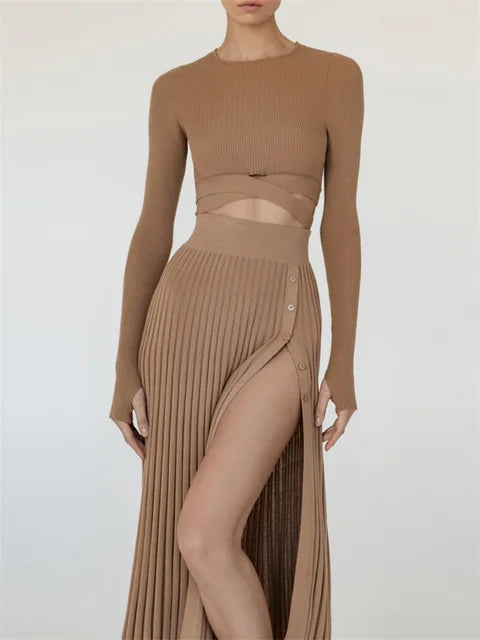 New White Knit Two Piece Sets Fall Ribbed Crop Top and Pleated Knitted Skirt Suits for Midi Dress Sets