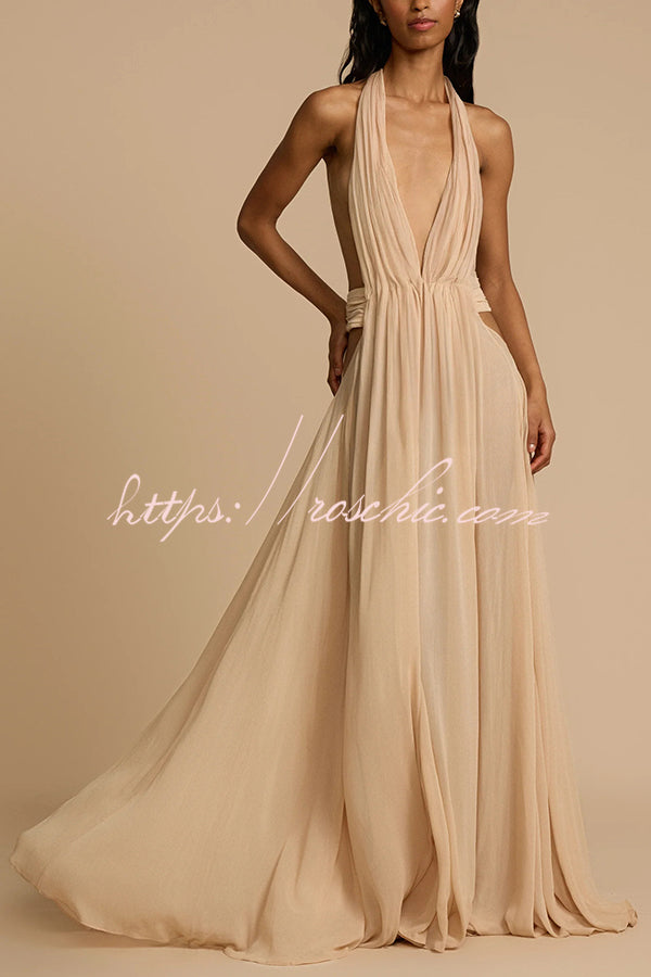 Ethereal Moment Tulle Cutout Ruched Waist Backless Halter Maxi Dress