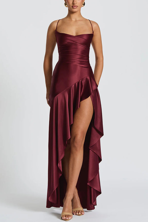 Color Backless Lace-up Irregular Ruffled Maxi Dress