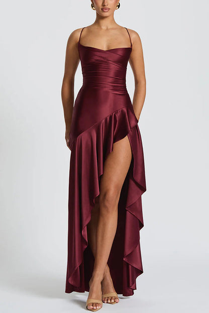 Color Backless Lace-up Irregular Ruffled Maxi Dress
