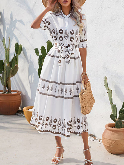 A-line Half Sleeves Buttoned Tied Waist Lapel Midi Dresses