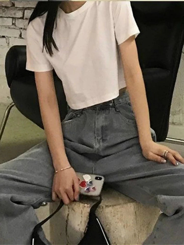 T-shirt Cropped Minimalist Slim Preppy Basic Tops Korean Style Popular