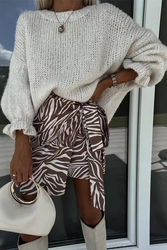 Color Round Neck Ruffled Long Sleeve Knitted Sweater