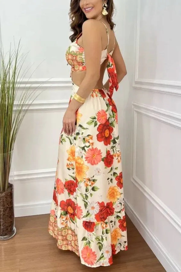 Monet Blooming Rose Tie Back Cut-out Maxi Dress