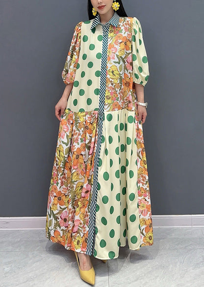 Style Green Peter Pan Collar Print Cotton Long Dress Summer Ao1049