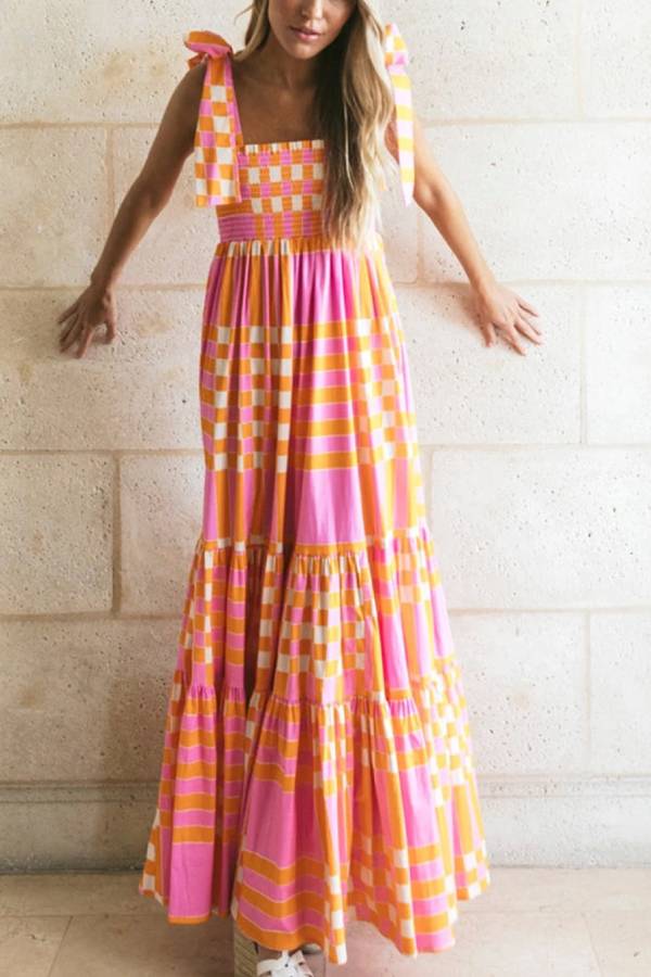 Pink Tie Strap Plaid \u0026 Striped Smocked Maxi Dress