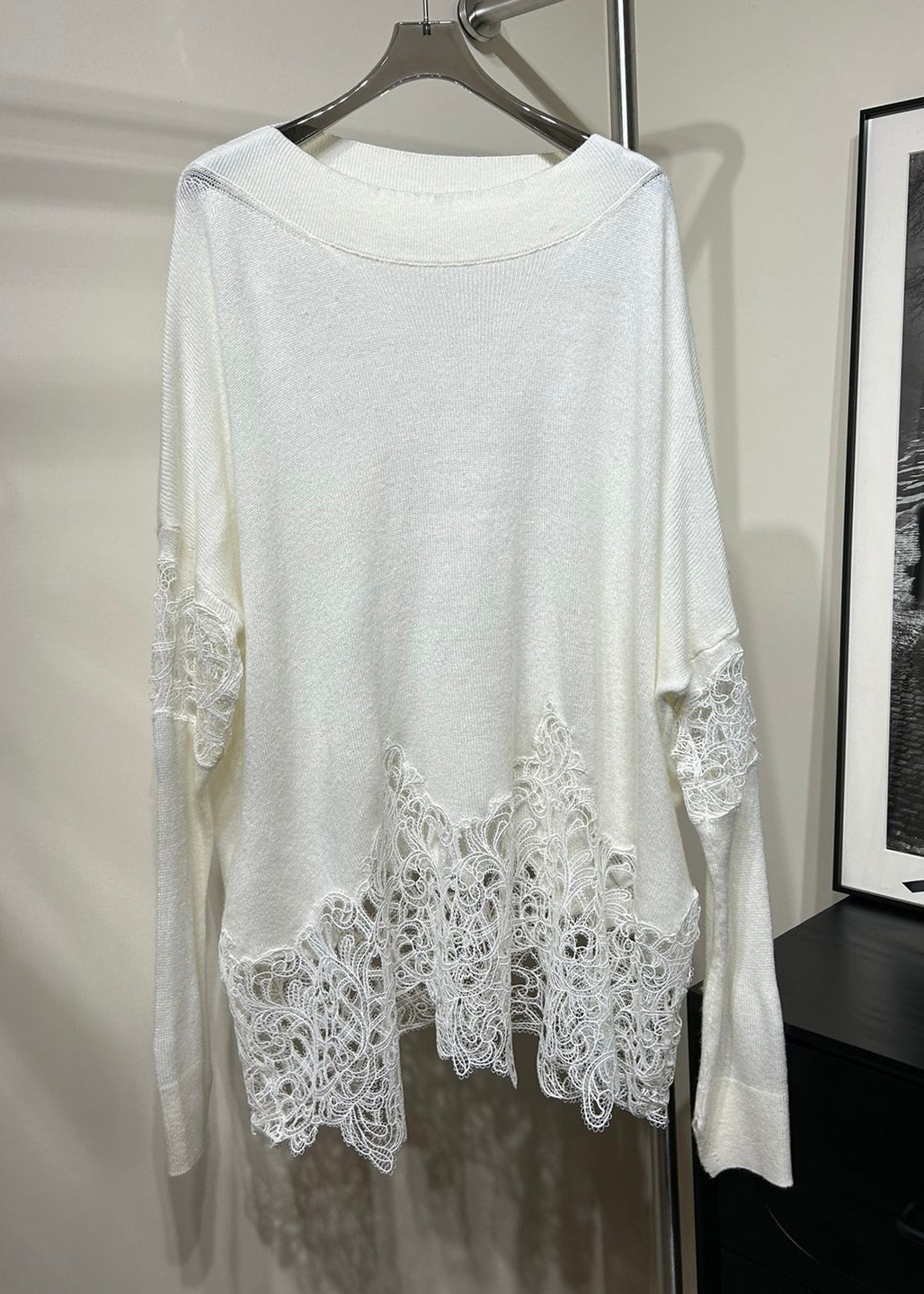 Boutique Beige Cold Shoulder Lace Patchwork Woolen Knit Sweaters Fall Rv027