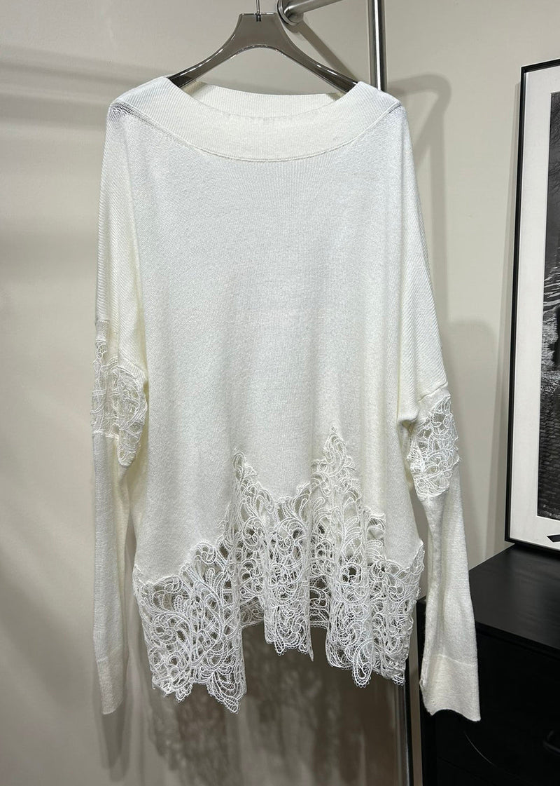 Boutique Beige Cold Shoulder Lace Patchwork Woolen Knit Sweaters Fall Rv027