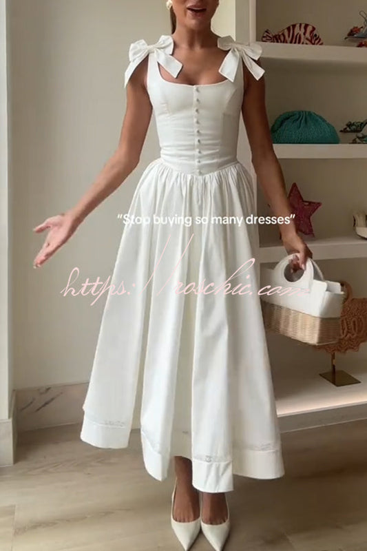 Real Darling Square Neck Bows Straps Button Up Pocketed Midi Dress