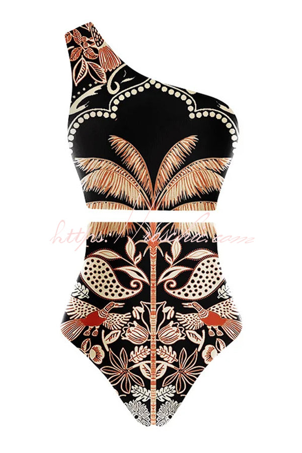 Palm Tree Bird Print Color Block High Waist Bikini and Skirt
