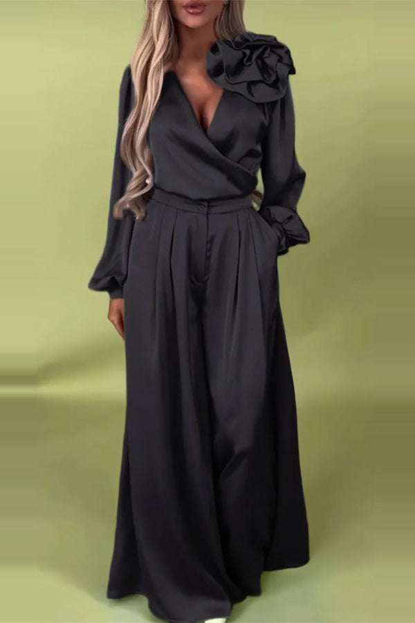 Color V-neck Long-sleeved Large Flower Decorated Top and Pocket Wide-leg Pants Set