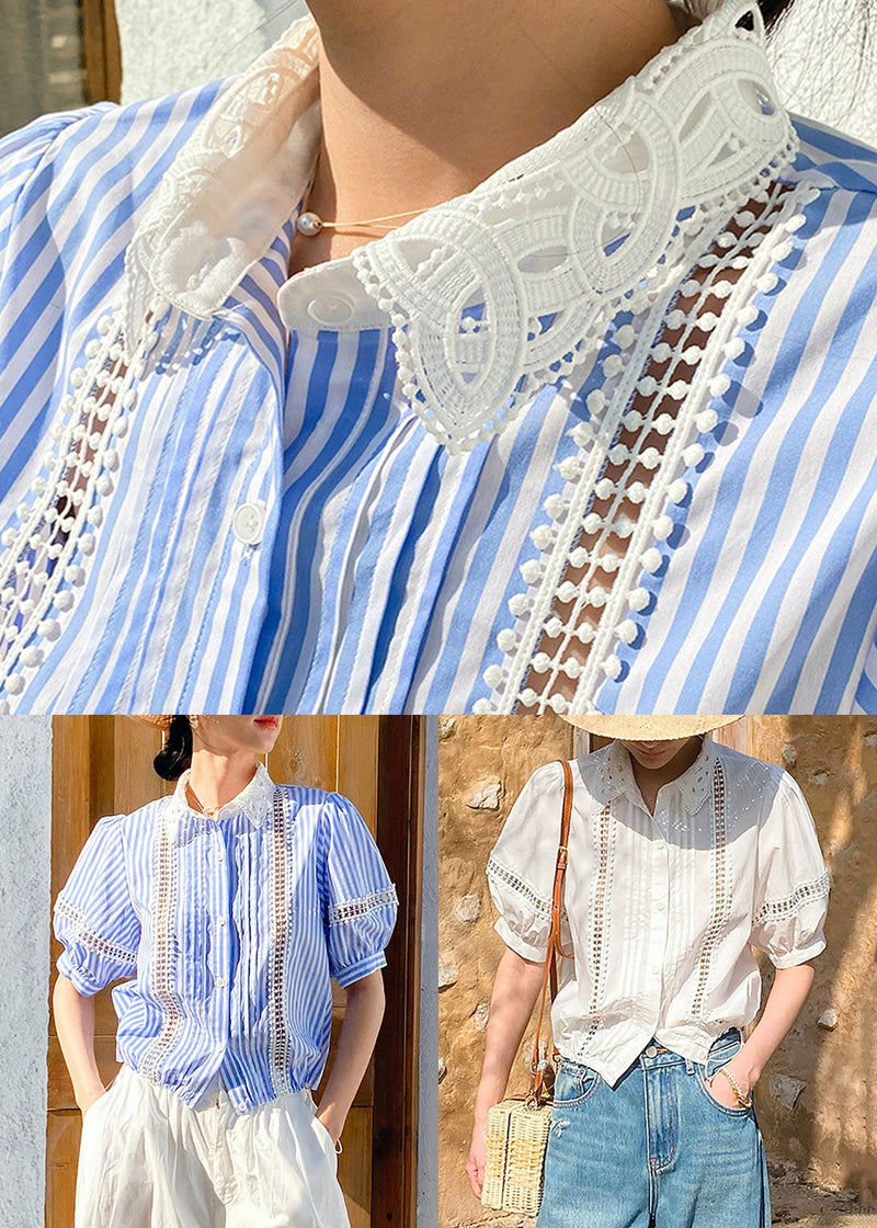 Out Summer Striped Blue Blouses Cotton Hollow