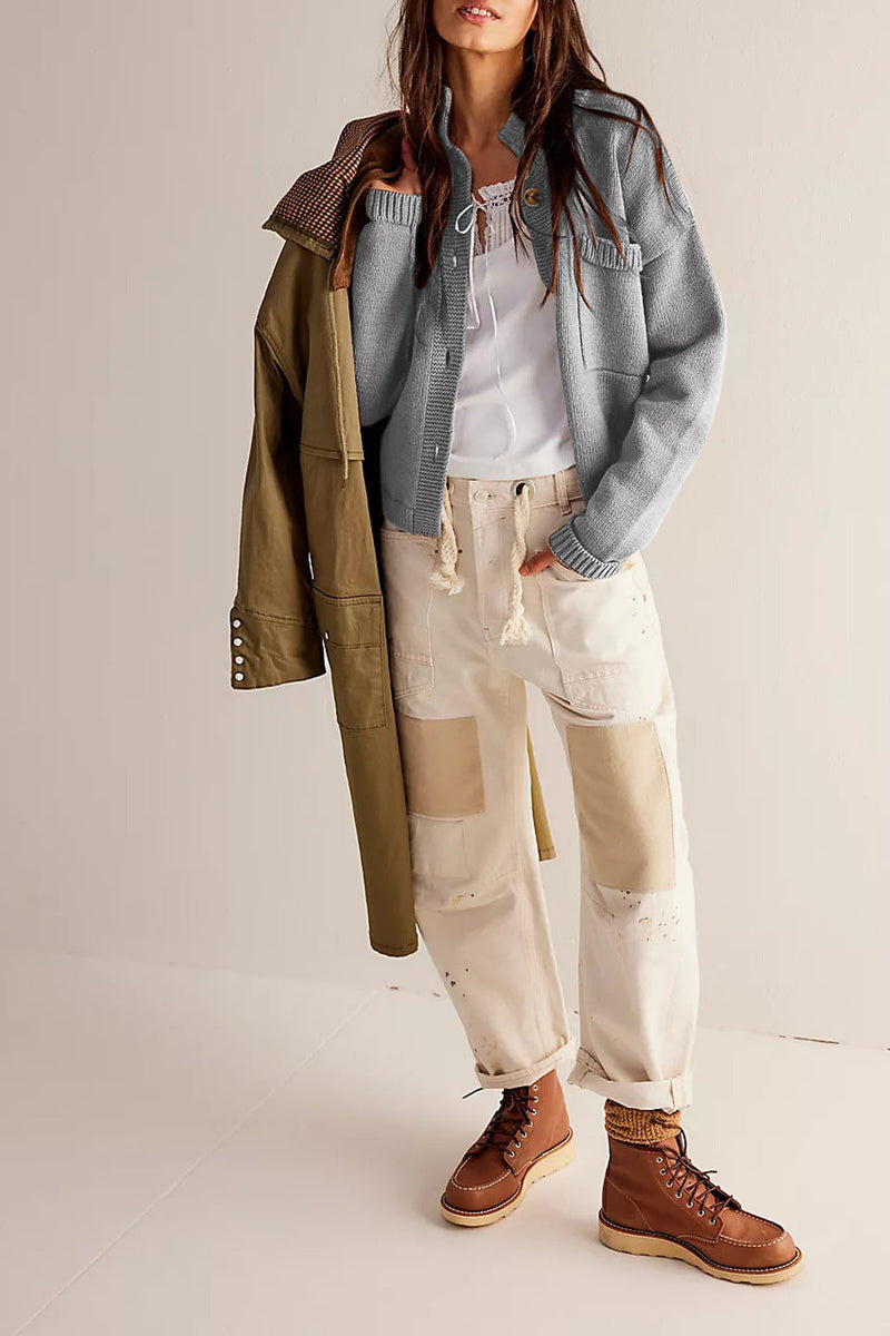 Knitted Jacket Stand Collar Color Cardigan Sweater