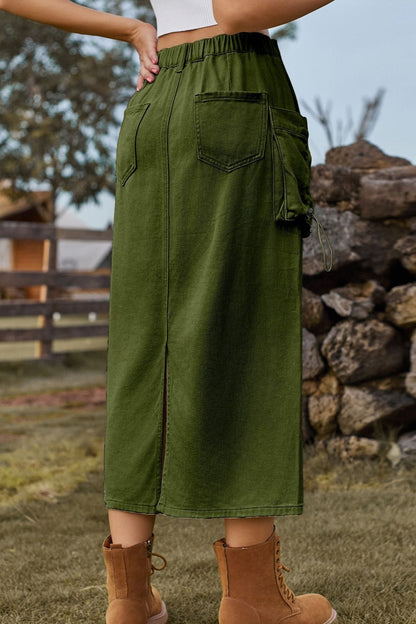High-waist Denim Cargo Midi Skirt
