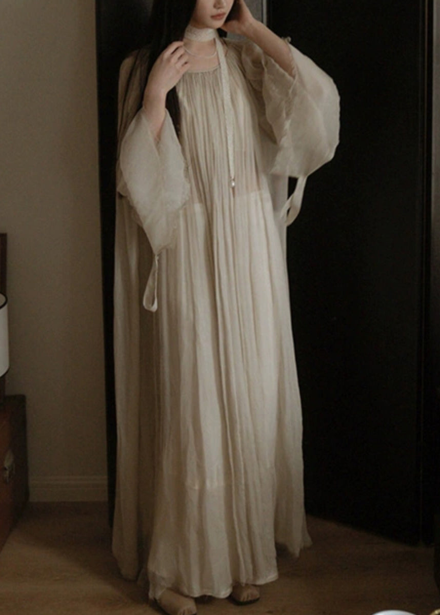 White Wrinkled Silk Cotton Long Dress Flare Sleeve Tt1050