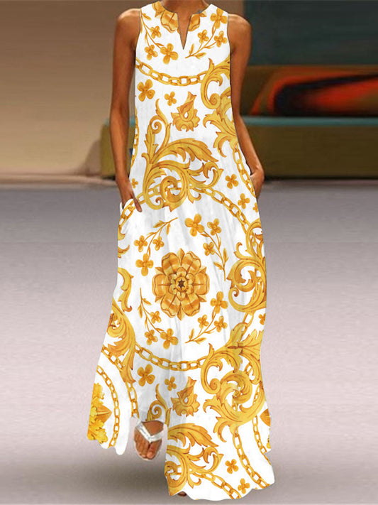 Loose Sleeveless Flower Print Pockets V-neck Maxi Dresses