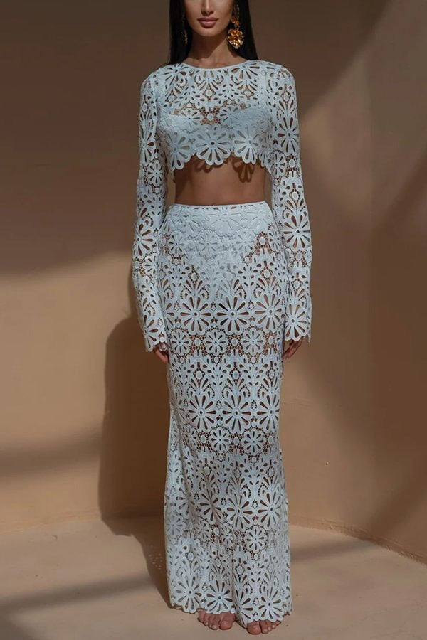 Balmy Summers Crochet Lace Pattern Elastic Waist Fishtail Vacation Maxi Skirt