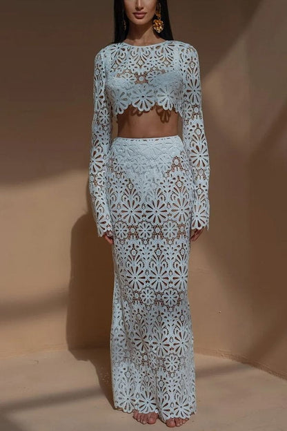 Balmy Summers Crochet Lace Pattern Elastic Waist Fishtail Vacation Maxi Skirt