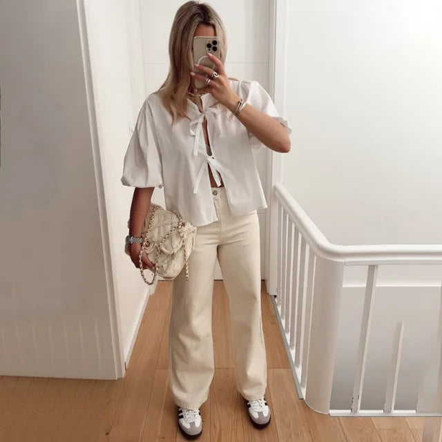 Trauxy White Lace-up Short Sleeve Shirt for Loose Color Patchwork Summer Blouse Female Club Party Outfits