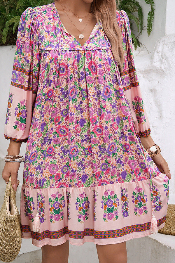 Style Unique Printed V-neck Tie Loose Mini Dress
