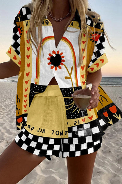 Check Print Loose Button Elastic Waist Shorts Set