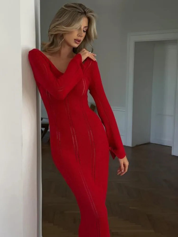 Knitted Sweater Long Sleeved V-neck Dress Slim Hollow Out Female Vesidos Party Club Evening Dress Vacation